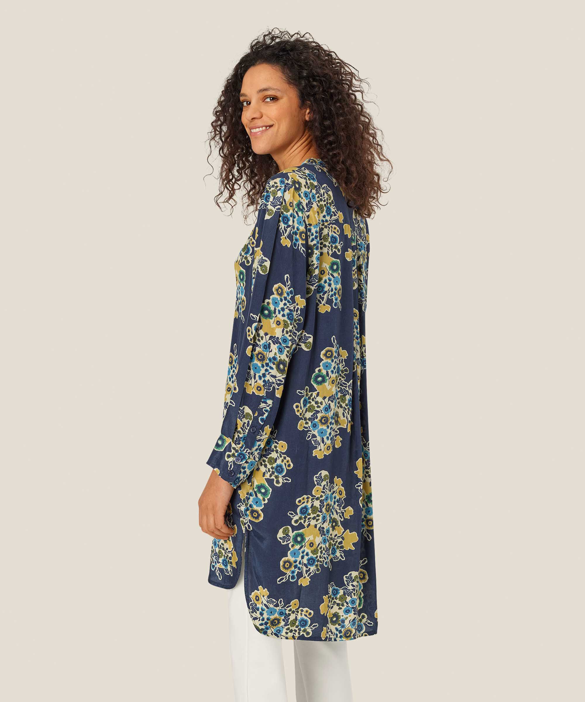 Geblümte Viskose-Tunika mit V-Ausschnitt, Mood Indigo