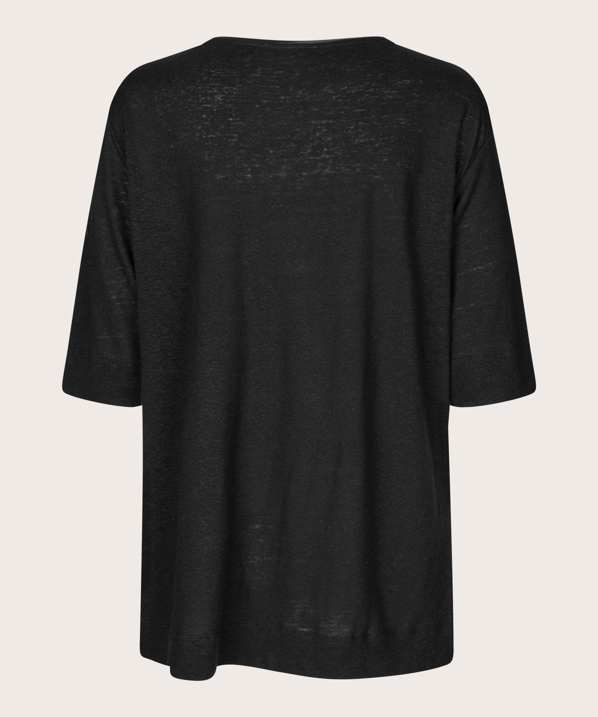 Top aus Leinenmischung mit Rundhalsausschnitt und 1/2 Ärmeln, Black