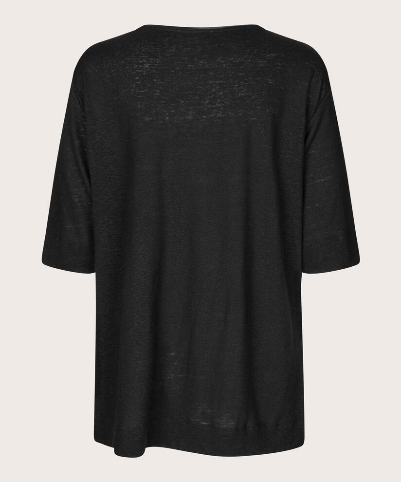 Top aus Leinenmischung mit Rundhalsausschnitt und 1/2 Ärmeln, Black