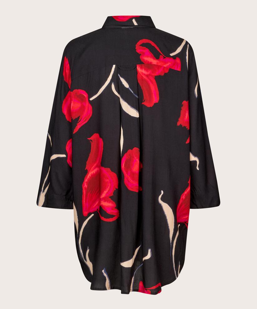 Bedruckte Viskose-Tunika mit Knöpfen am Hals, Haute Red