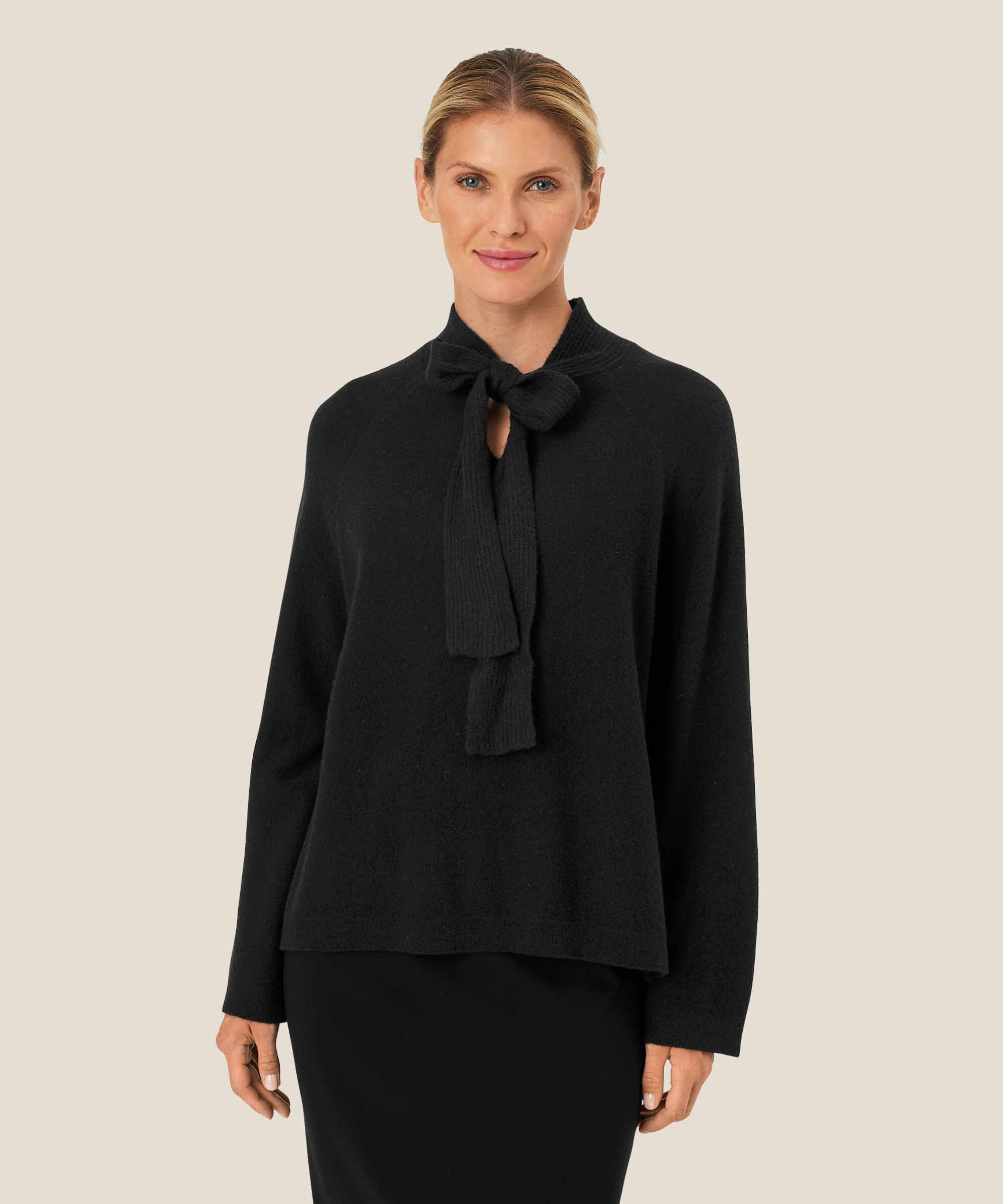 Pullover aus Wolle mit Bindebändern am Hals, Black