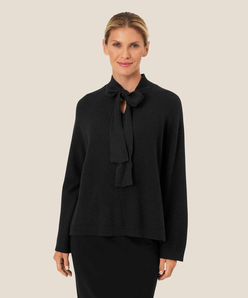 Pullover aus Wolle mit Bindebändern am Hals, Black