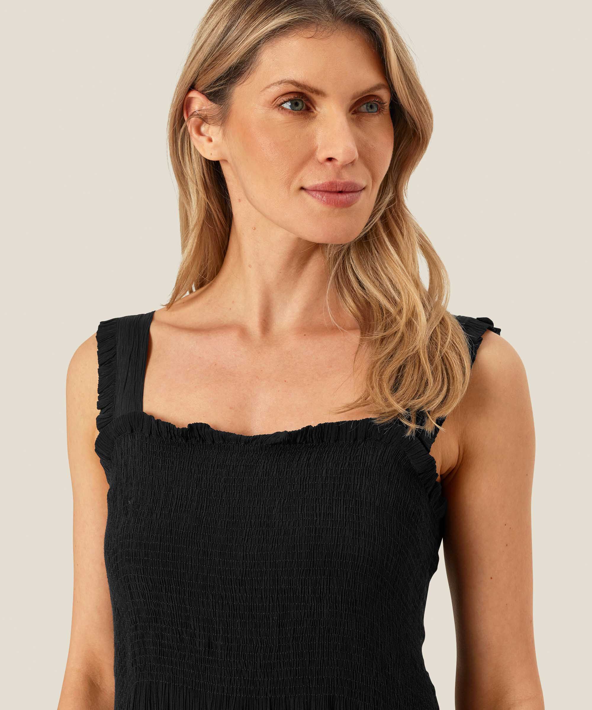 Viskosekleid mit Trägern und Smok über der Brust, Black