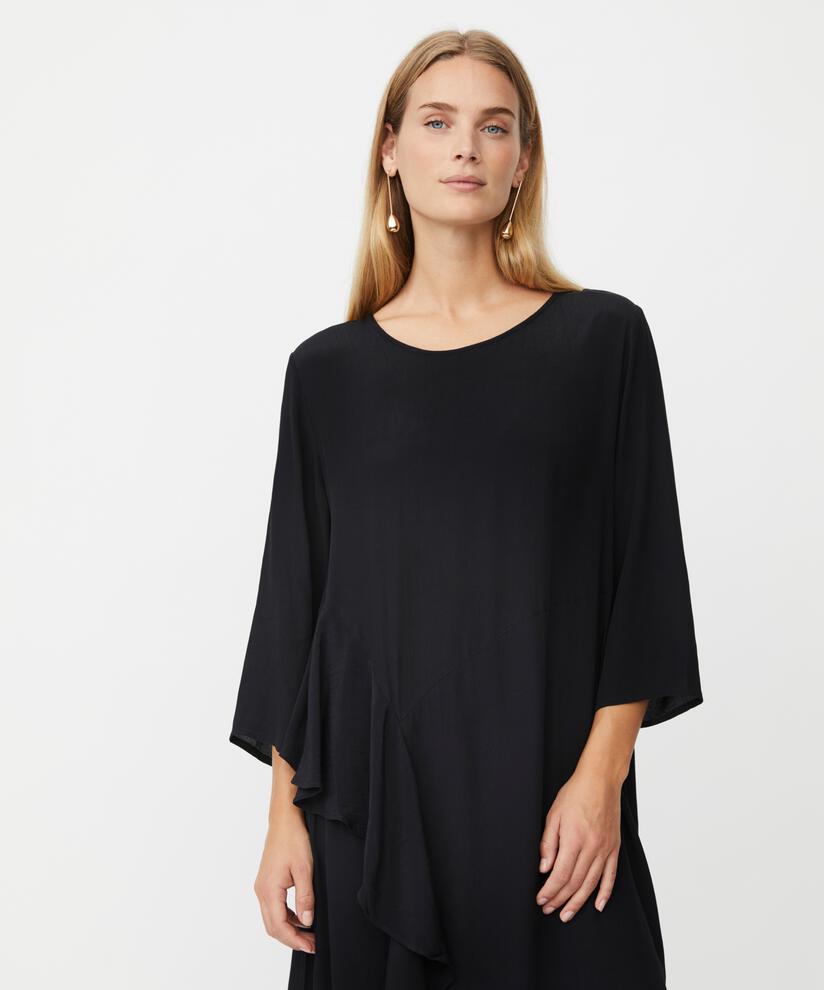 Viskosekleid mit Rundhalsausschnitt und Rüschen, Black