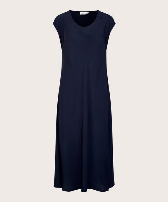 Viskosekleid mit Rundhalsausschnitt und kurzen Ärmeln, Navy