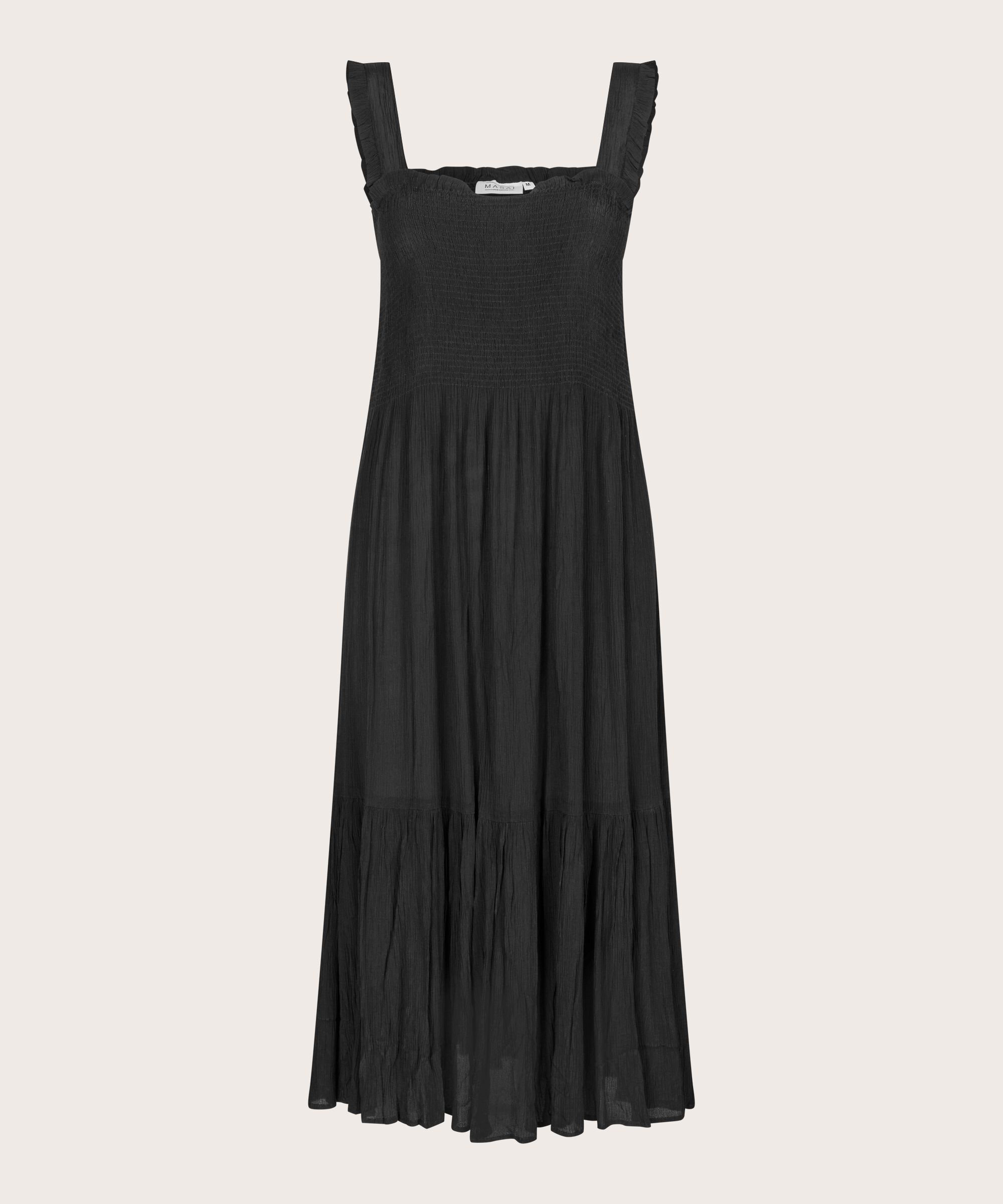 Viskosekleid mit Trägern und Smok über der Brust, Black