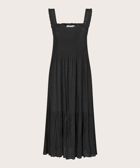 Viskosekleid mit Trägern und Smok über der Brust, Black