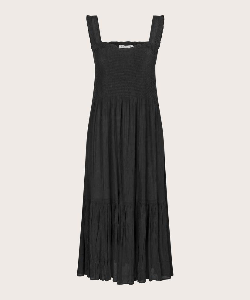 Viskosekleid mit Trägern und Smok über der Brust, Black