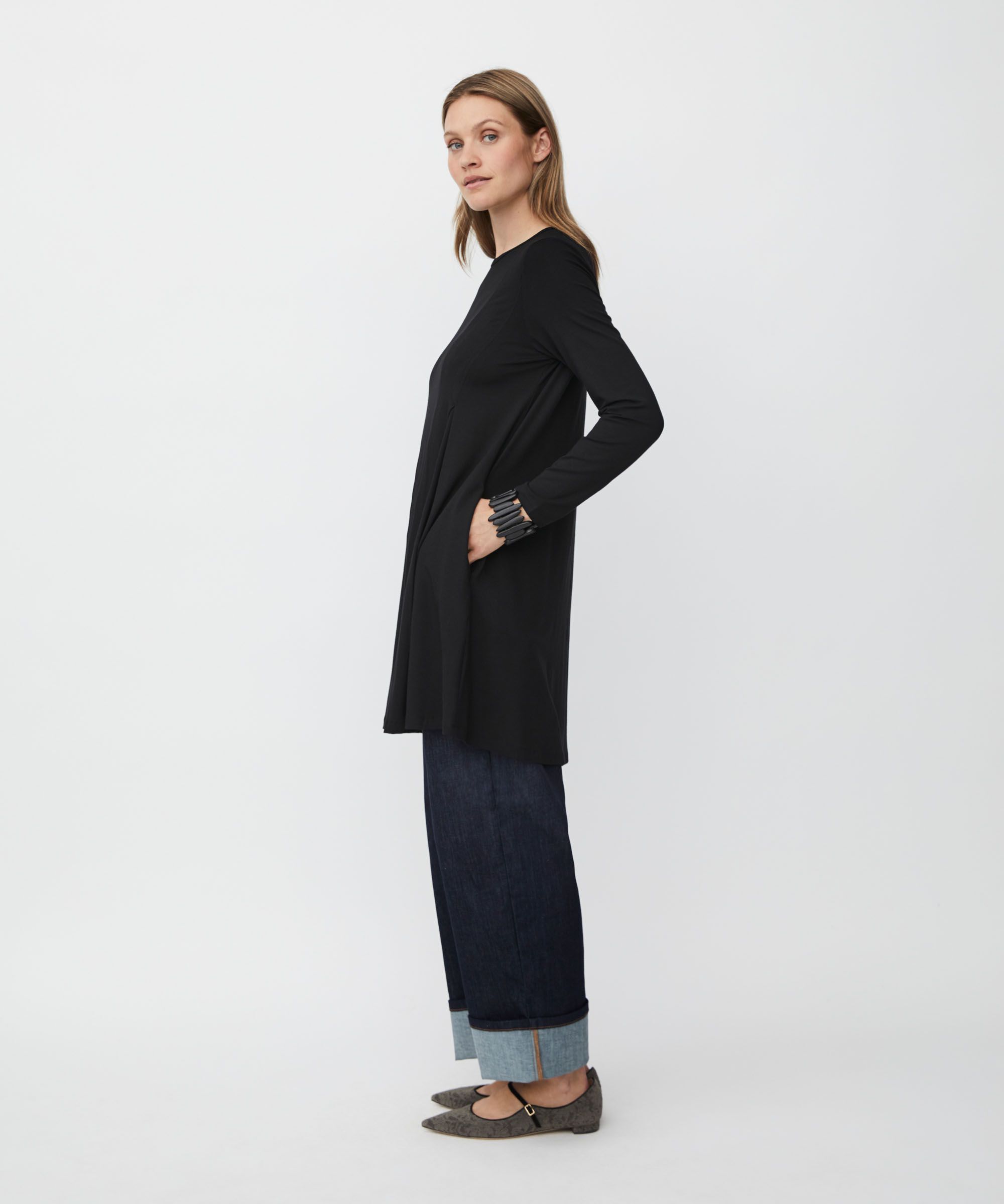 Jersey-Tunika mit Falten und Eingrifftaschen, Black