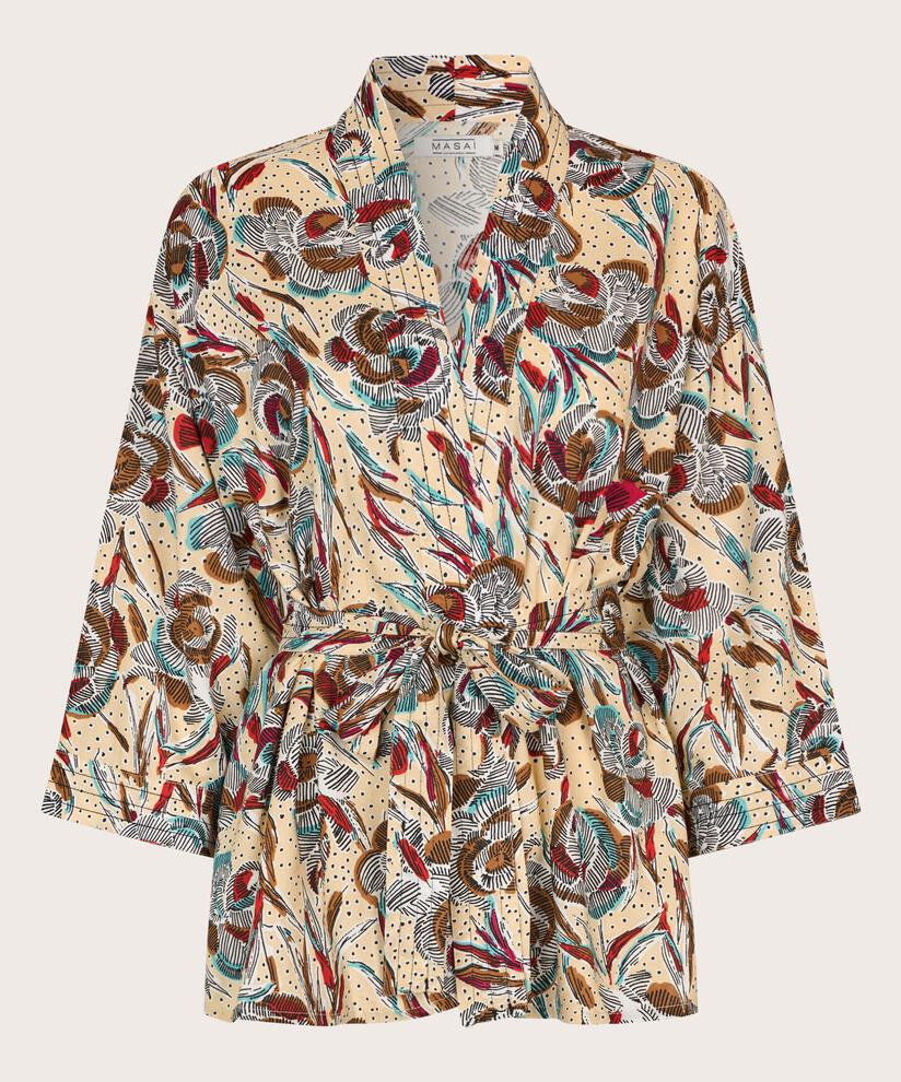 bedruckte Viskosejacke mit 3/4 Ärmeln und Gürtel, Soybean