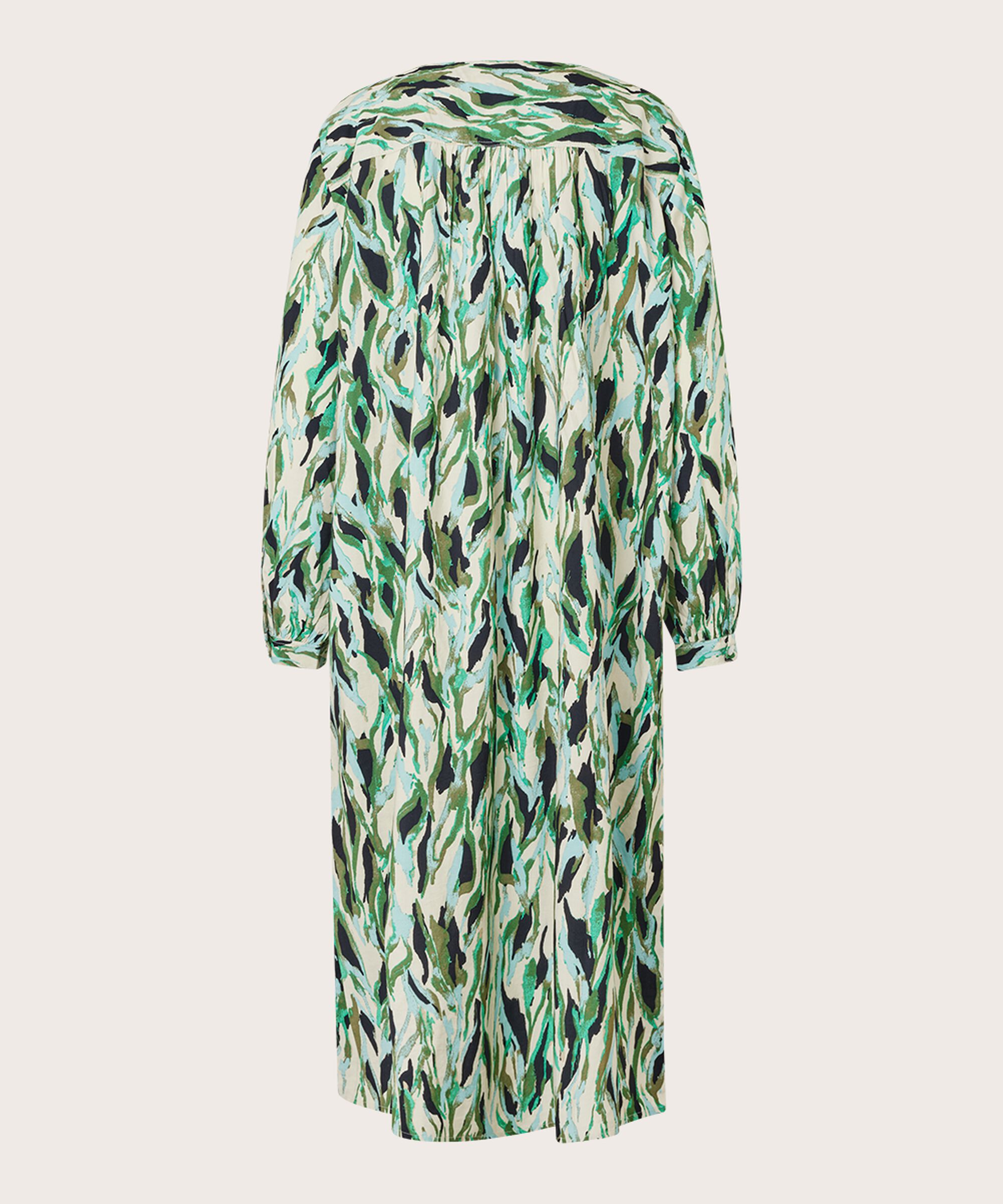 Bedrucktes Kleid mit V-Ausschnitt und Falten hinten, D. Lichen Green