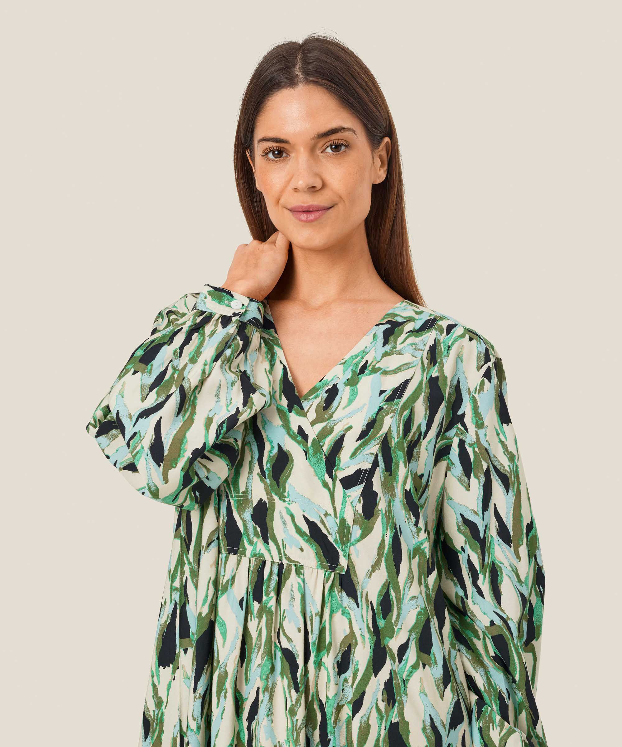 Bedrucktes Kleid mit V-Ausschnitt und Falten hinten, D. Lichen Green