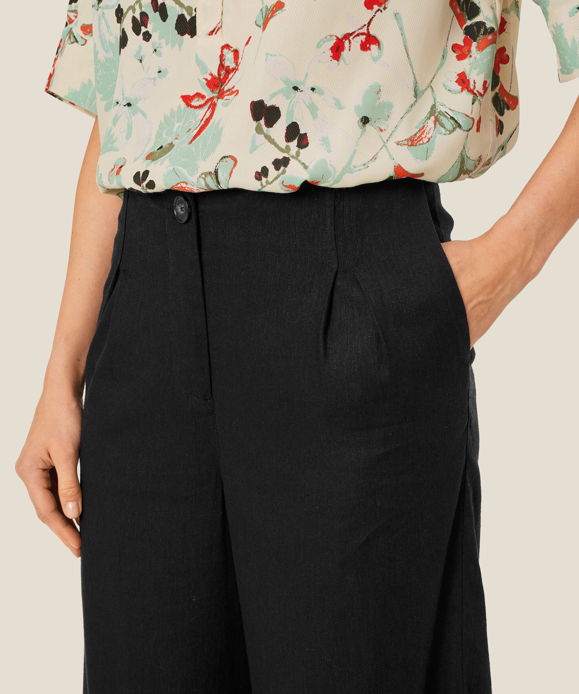 Hose aus Leinenmix mit weitem Bein und Eingrifftaschen, Black