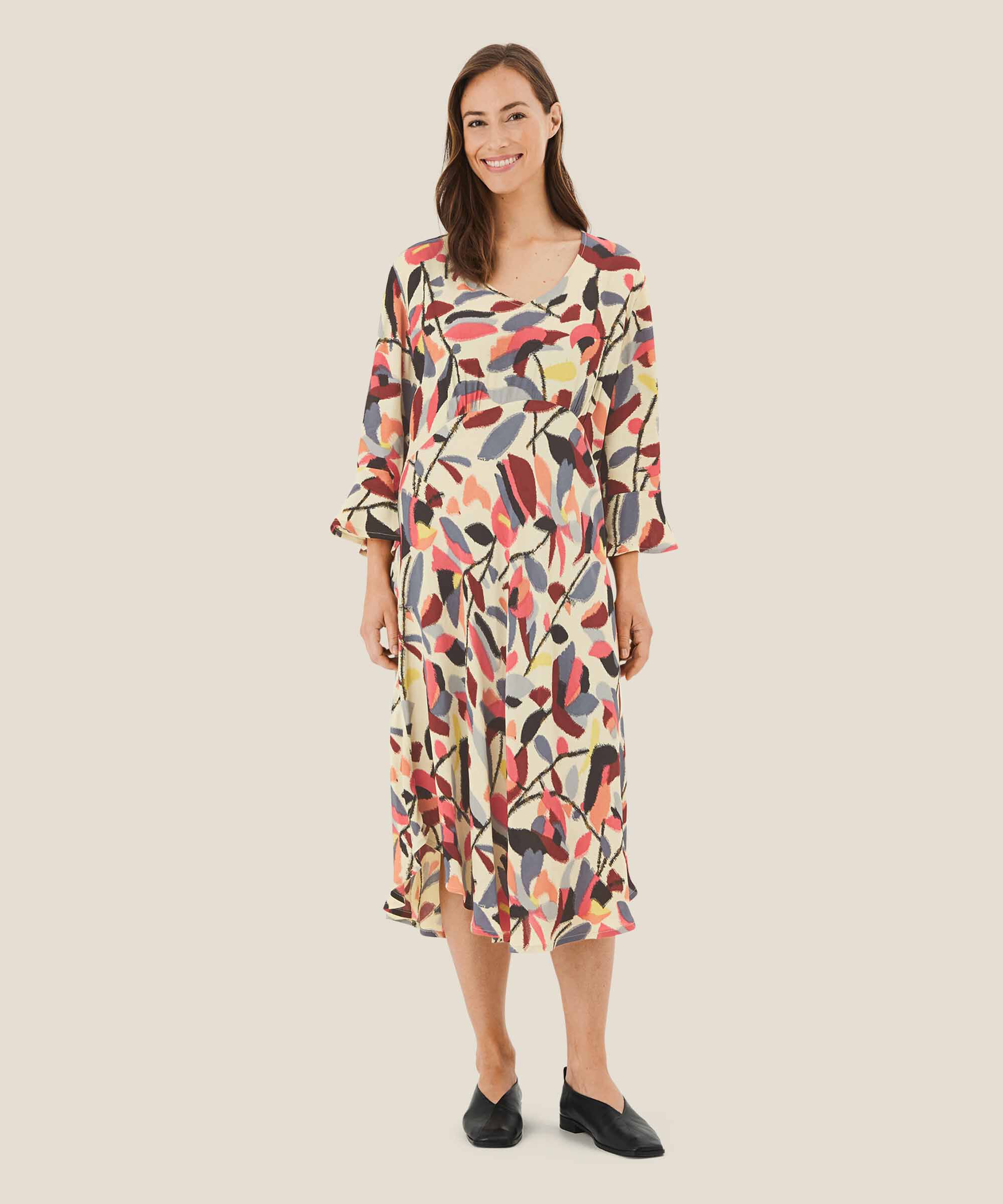 Viskosekleid mit Trompetenärmeln, Calypso Coral
