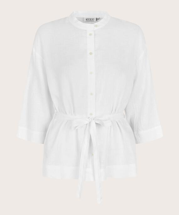 Leinenhemd mit Dreiviertelärmeln und Bindeband in der Taille, White