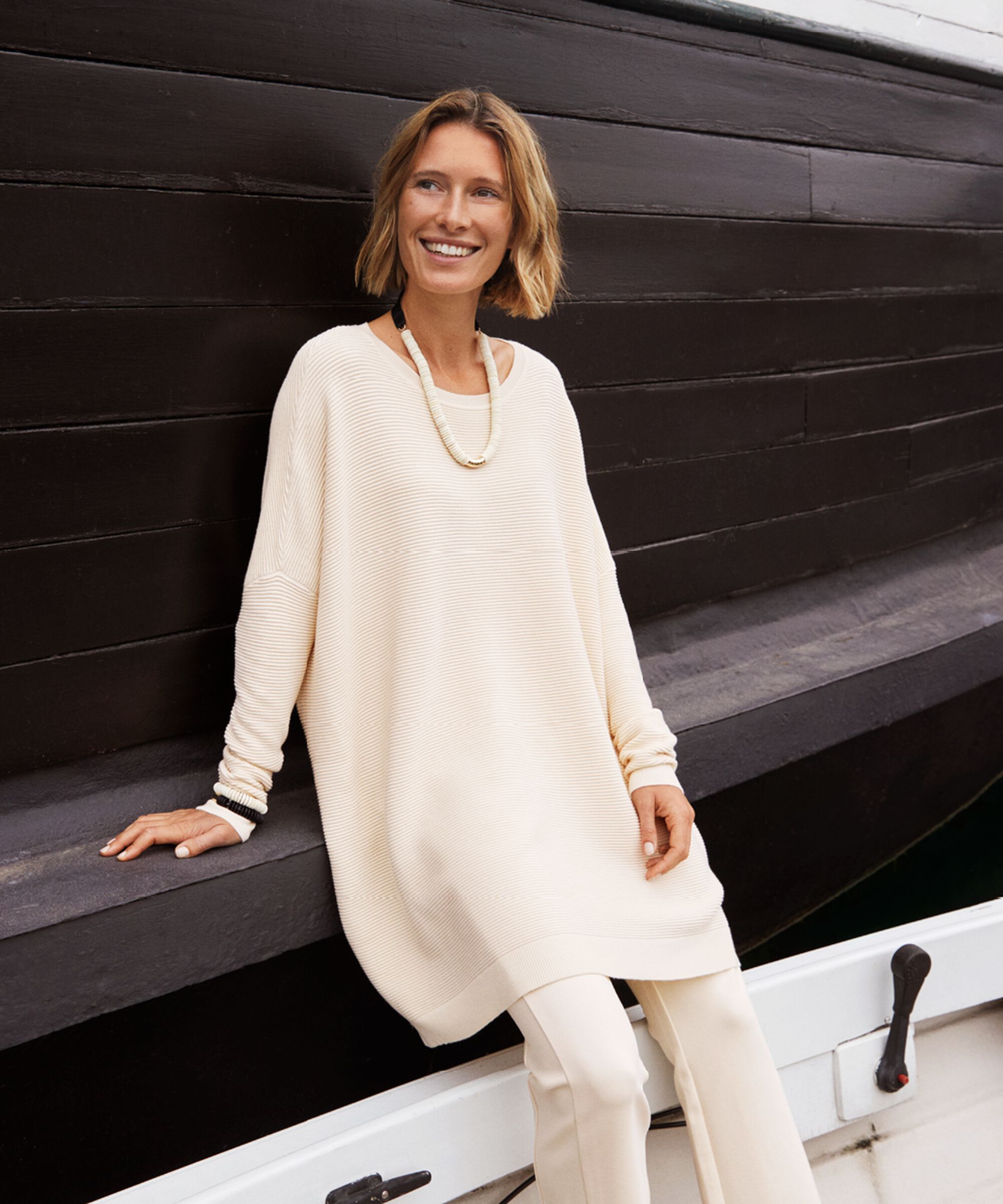 Rippstrickpullover mit langen Ärmeln, Whitecap