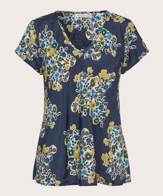 Bedrucktes Viskose-top Mit V-ausschnitt, Mood Indigo