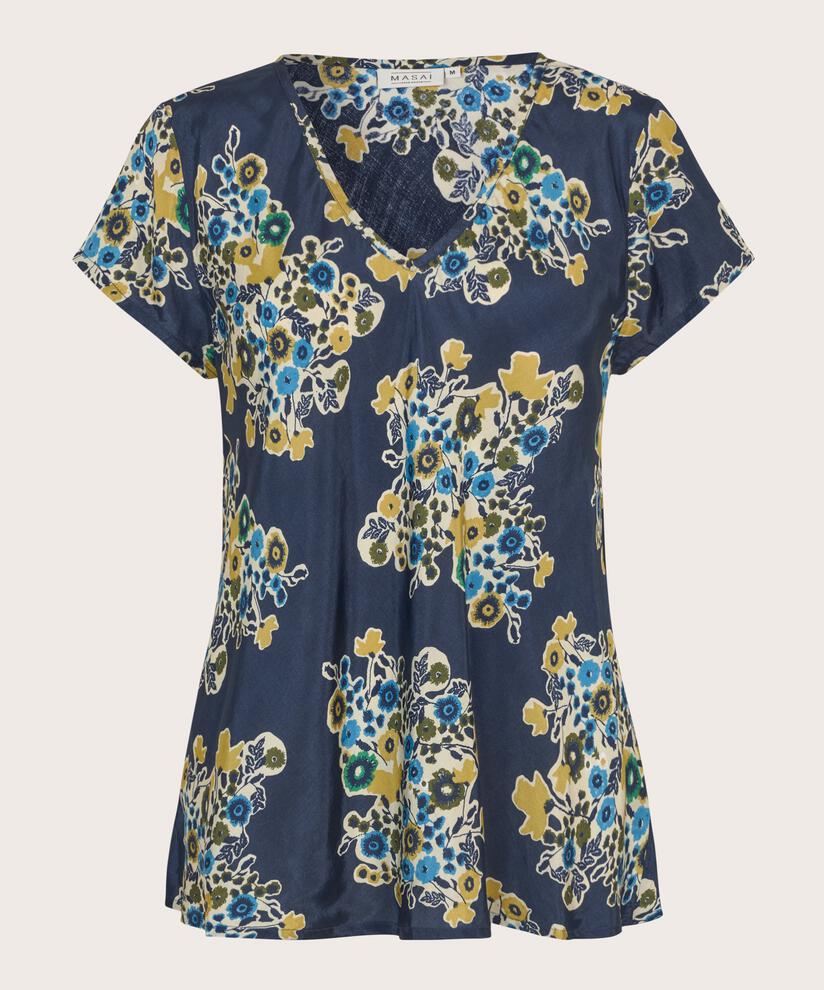 Bedrucktes Viskose-top Mit V-ausschnitt, Mood Indigo
