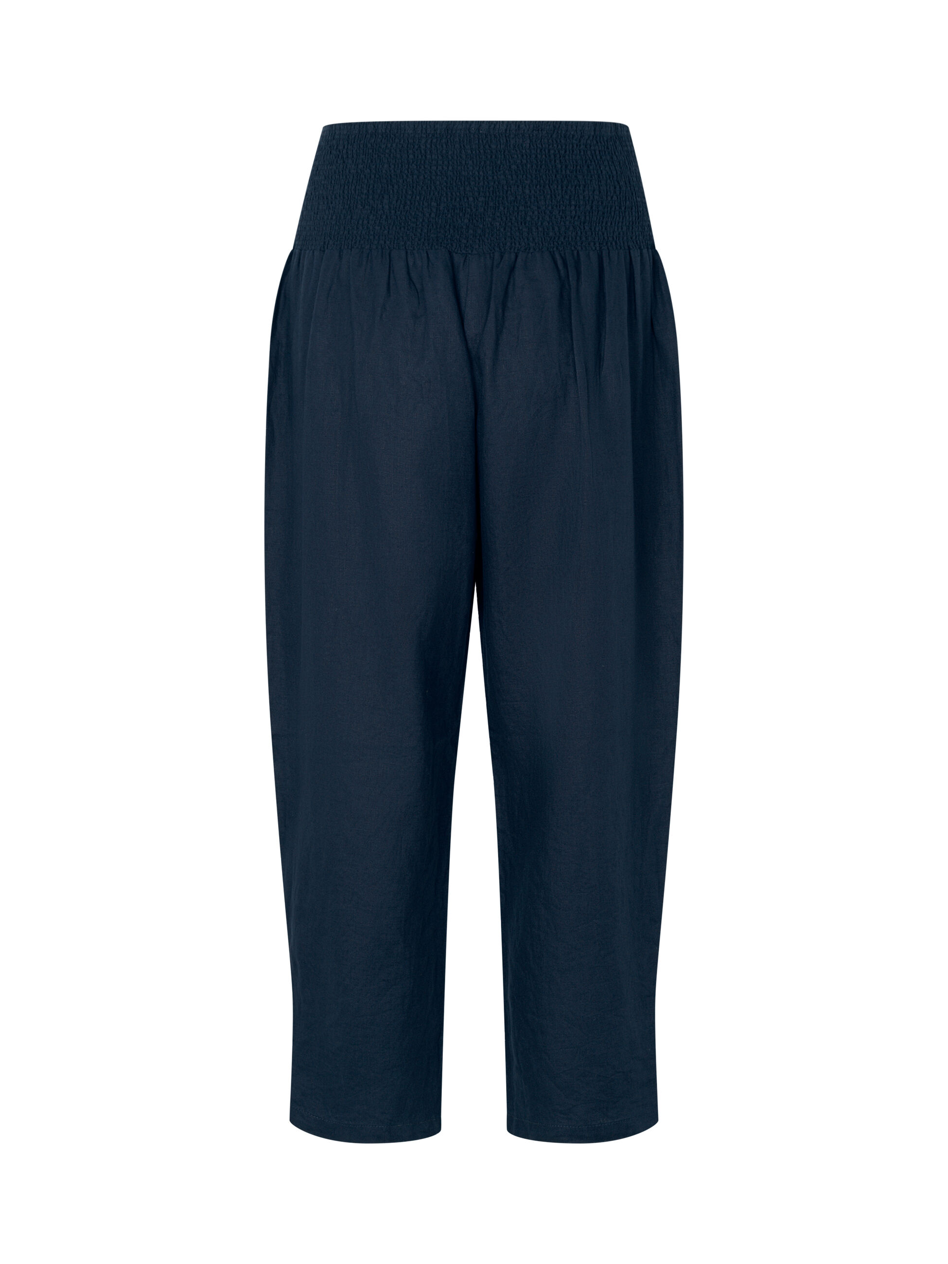 Leinenhose Mit Breitem, Gesmoktem Gummizug Hinten Und Knopfdetail, Navy