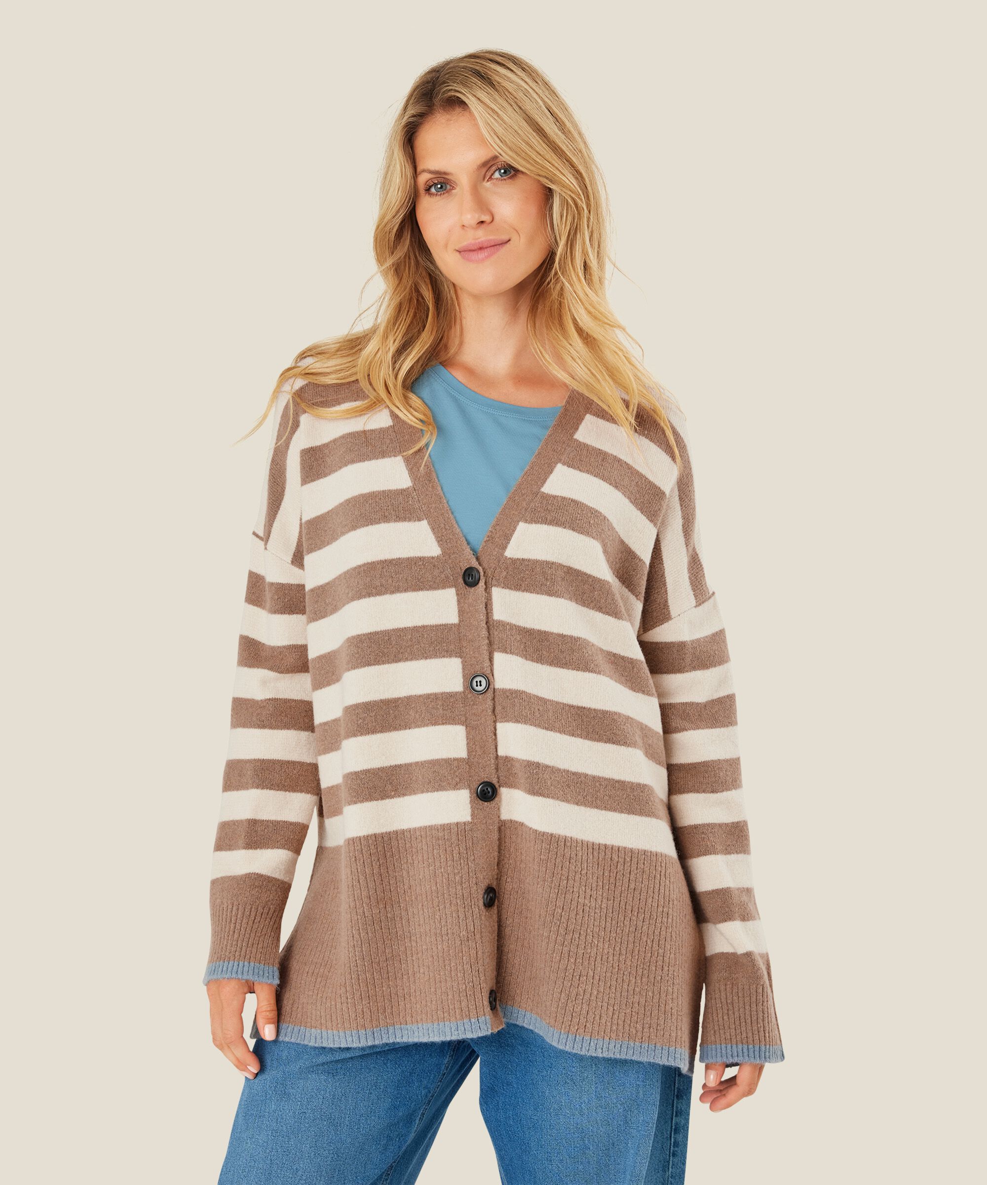 Gestreifter Cardigan mit Rippdetails, Mink/ash/whc
