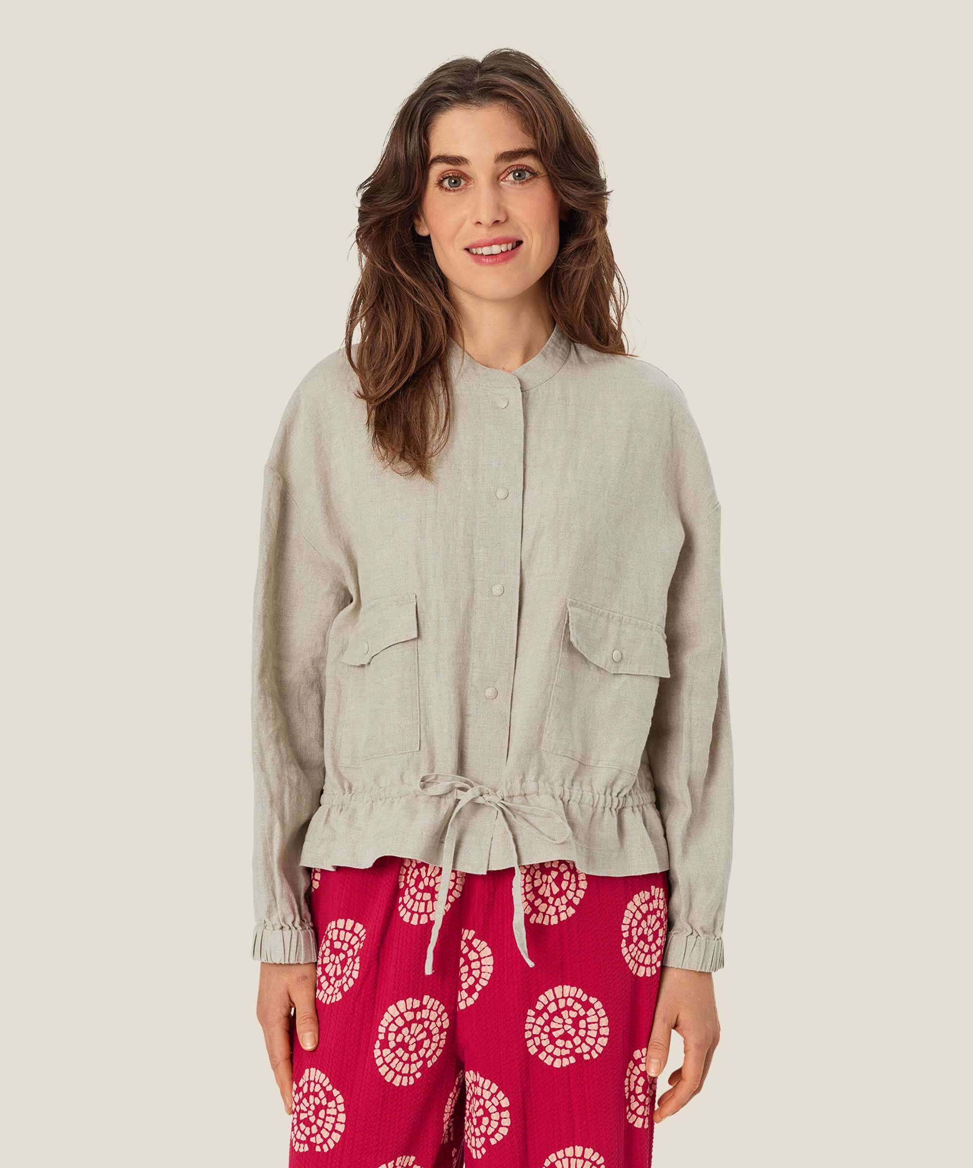 Leinenjacke mit Bindeband in der Taille, Natural