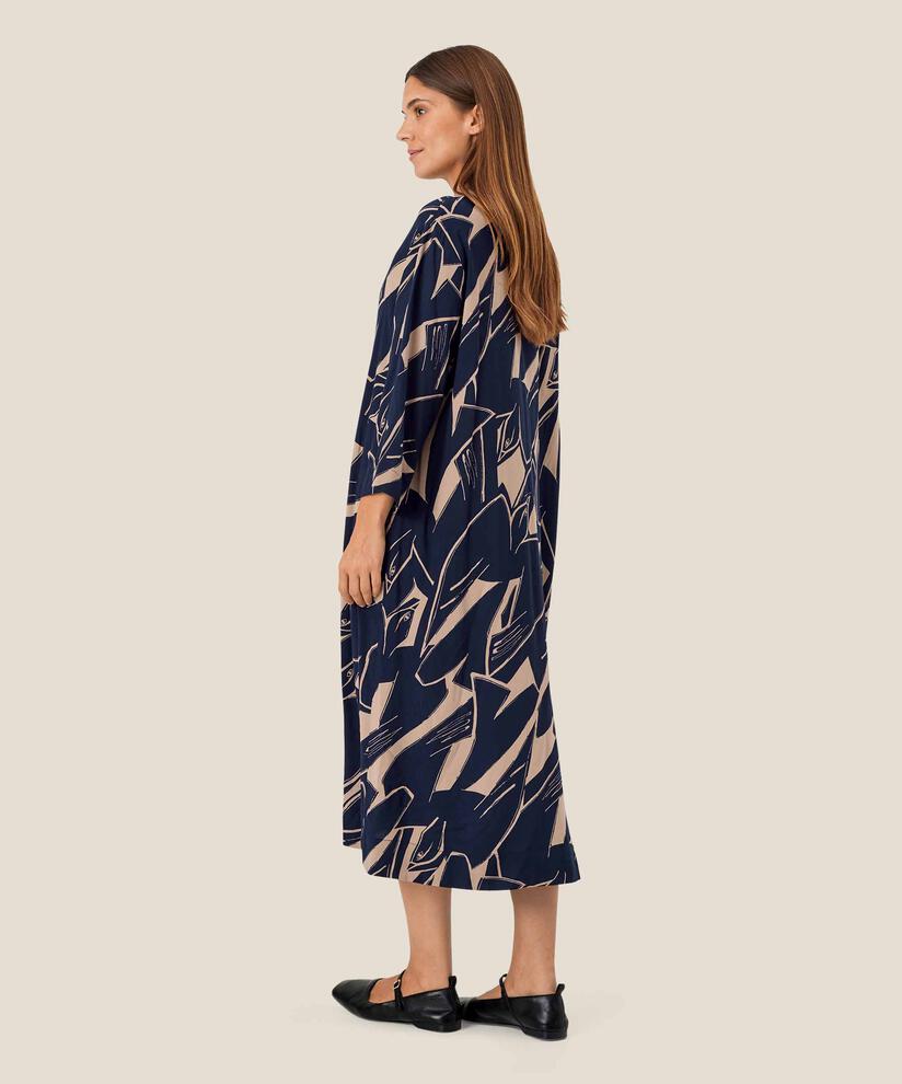 Viskosekleid mit V-Ausschnitt und 3/4-Ärmeln, Navy Blazer