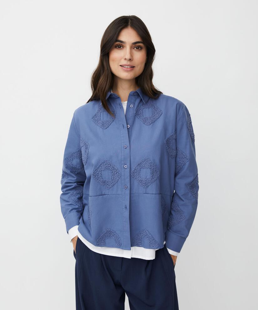 Baumwollhemd mit gestickten Details und Fronttaschen, Bijou Blue