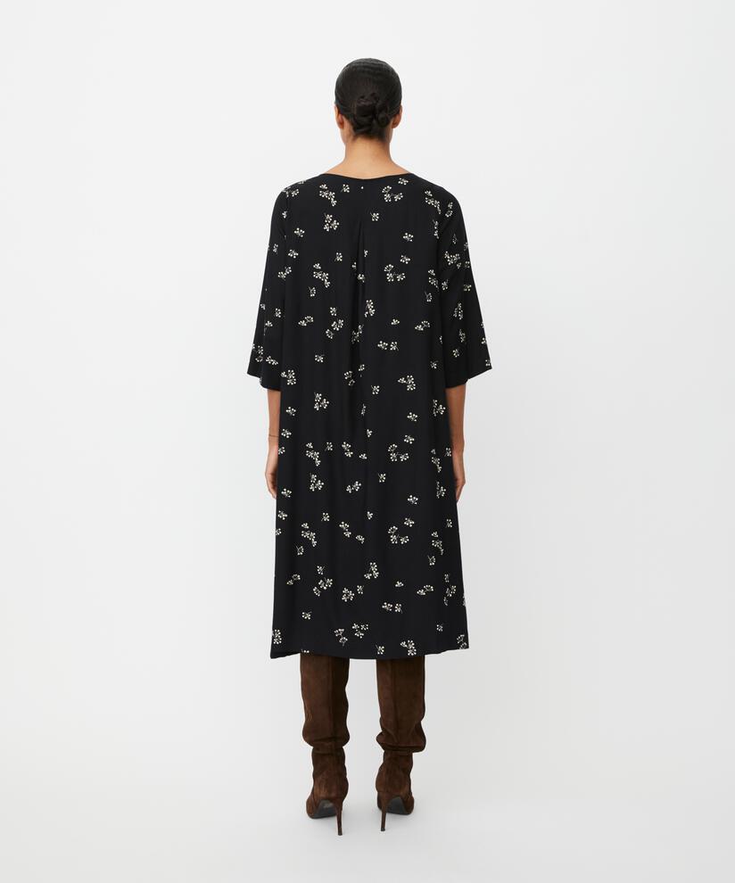 Viskosekleid mit Blumenprint und Falten am Hals, Black