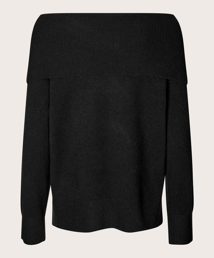 schulterfreier Strickpullover mit gerippten Kanten, Black