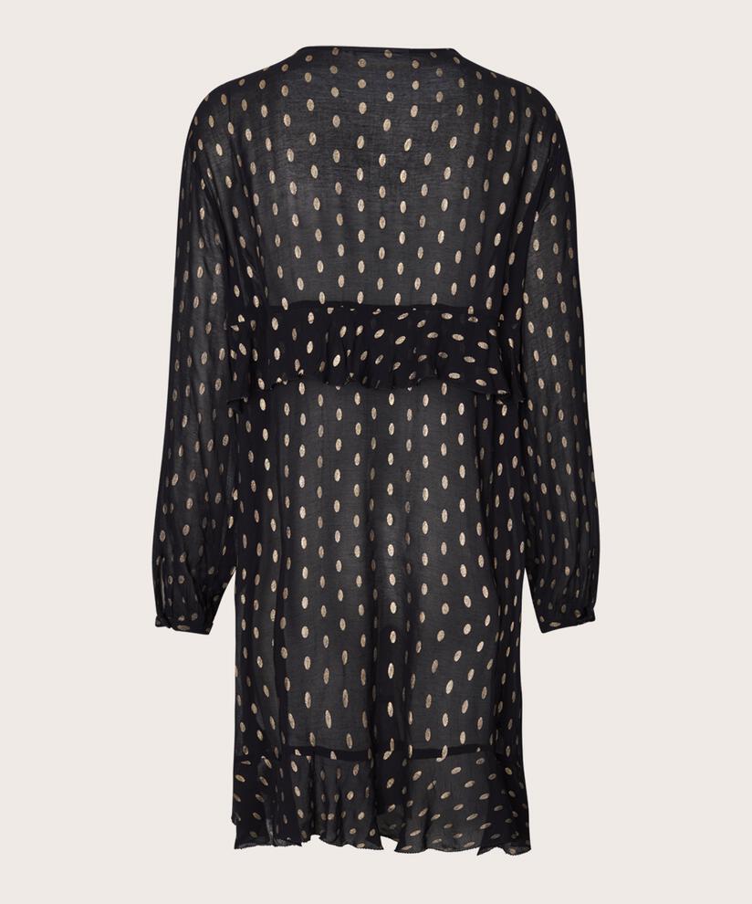 leicht transparentes Kleid mit goldenen Punkten und Rüschendetails, Black