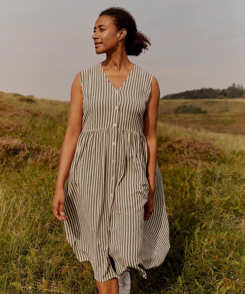 Gestreiftes Kleid aus Baumwollmischung mit Knöpfen vorne, Black