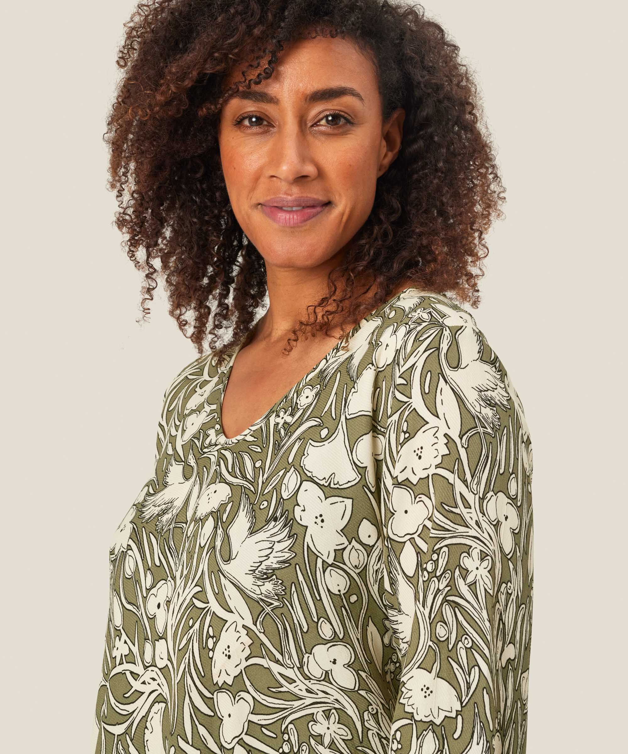 Gemustertes Viskose-top Mit Dreiviertelärmeln, D. Lichen Green