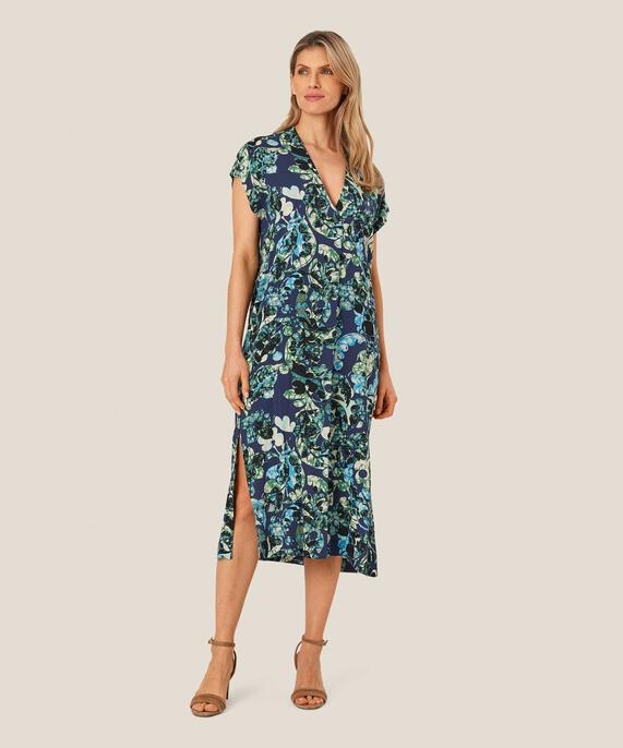 Bedrucktes Viskosekleid Mit Tiefem V-ausschnitt, Mood Indigo