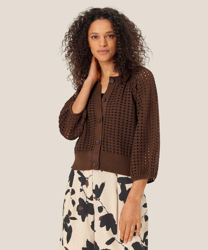 Lochmuster-Cardigan mit 3/4 Ärmeln, Chestnut