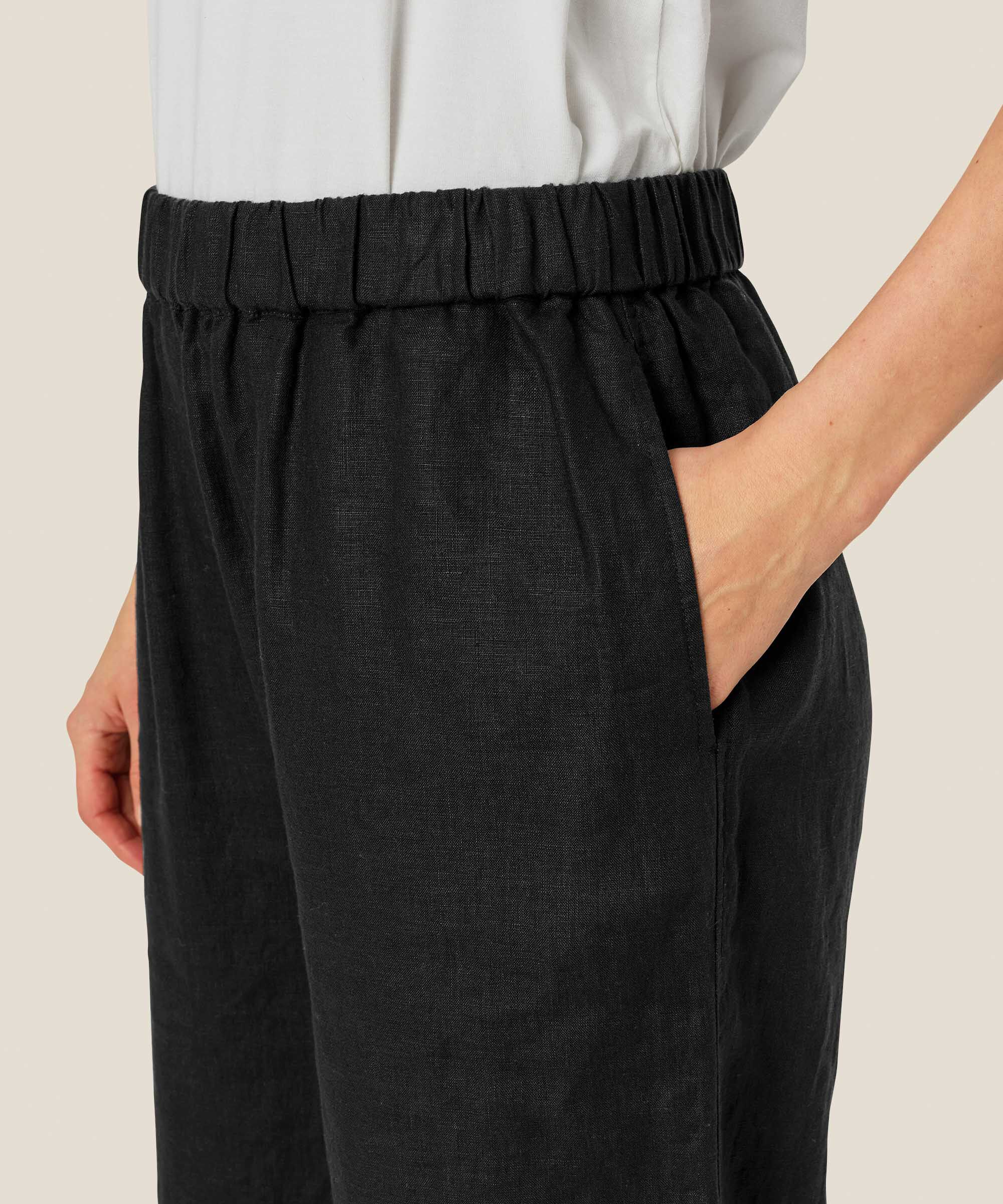 Weite Leinenhose mit elastischem Bund, Black