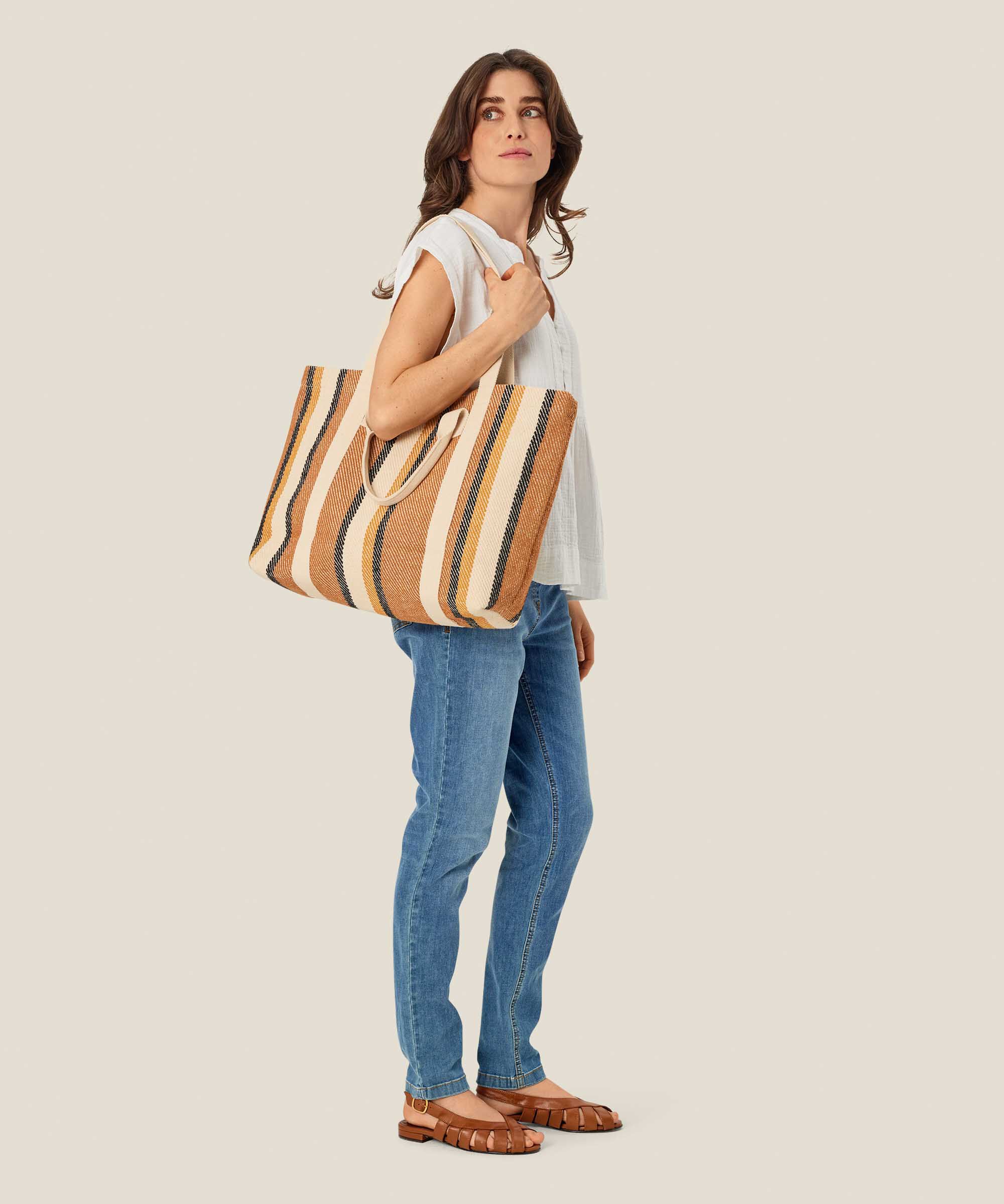 gestreifter Baumwoll-Shopper mit Knopfverschluss, Cashew
