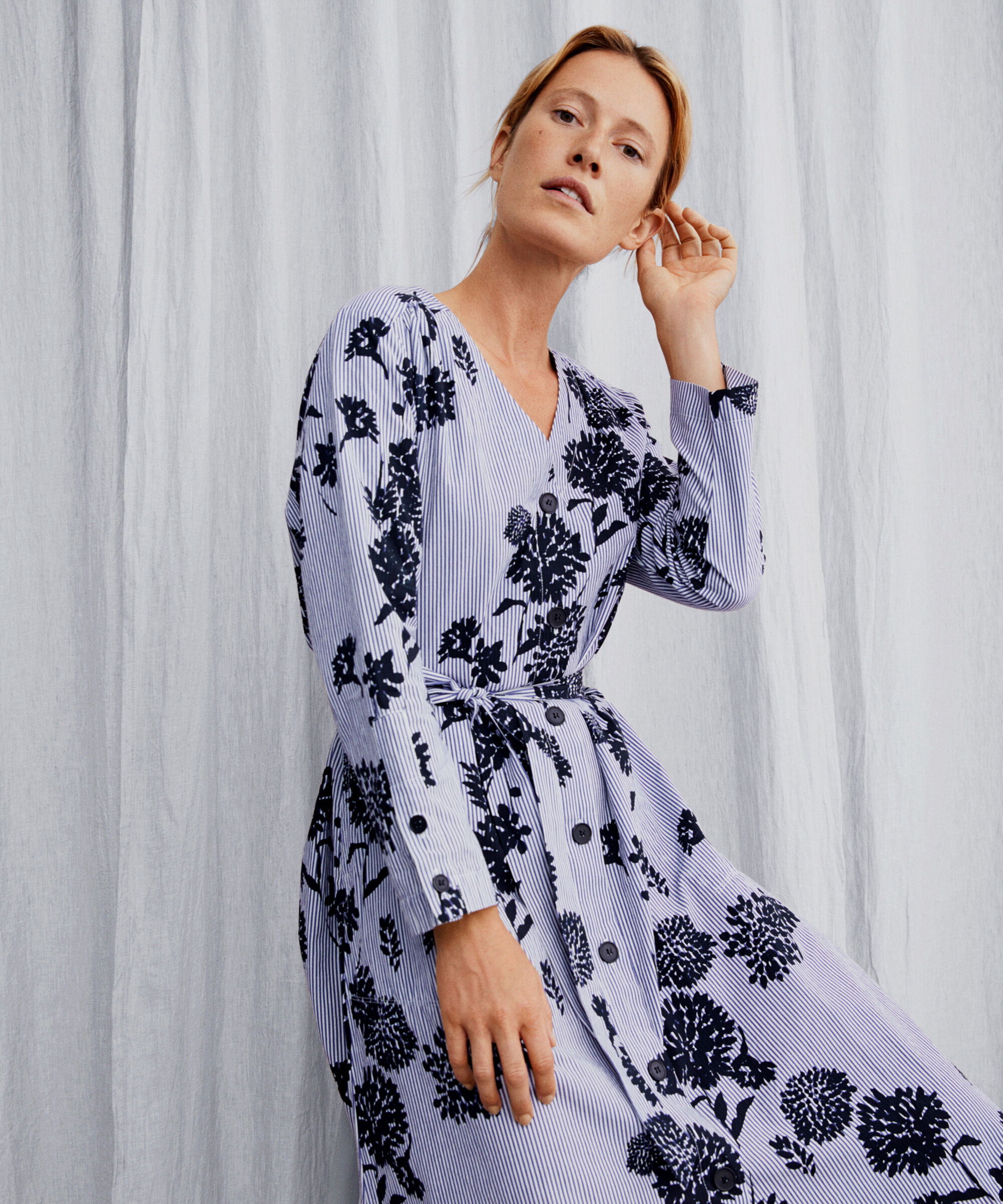 Baumwollkleid mit V-Ausschnitt und abnehmbarem G&uuml;rtel, Maritime Blue