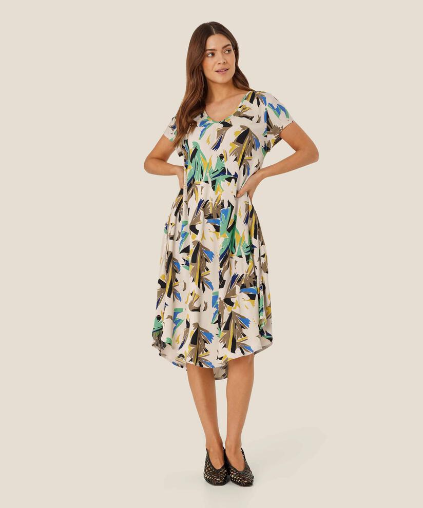 Bedrucktes Viskosekleid mit V-Ausschnitt, Dusky Green