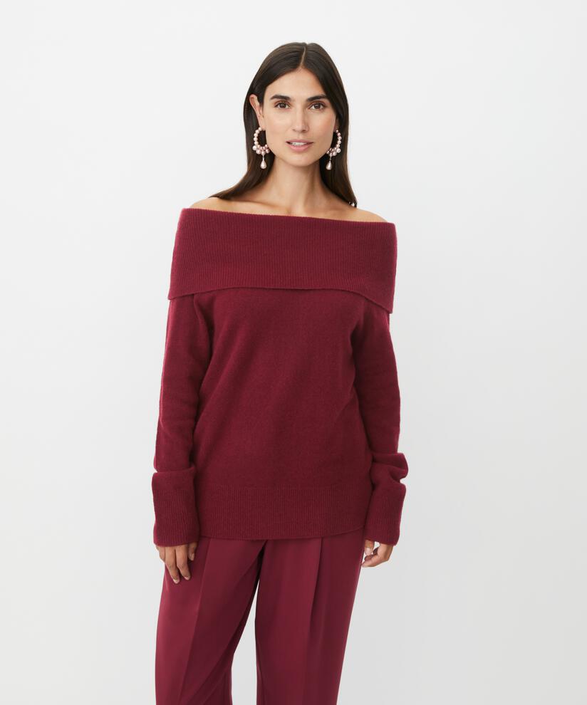 schulterfreier Strickpullover mit gerippten Kanten, Tawny Port