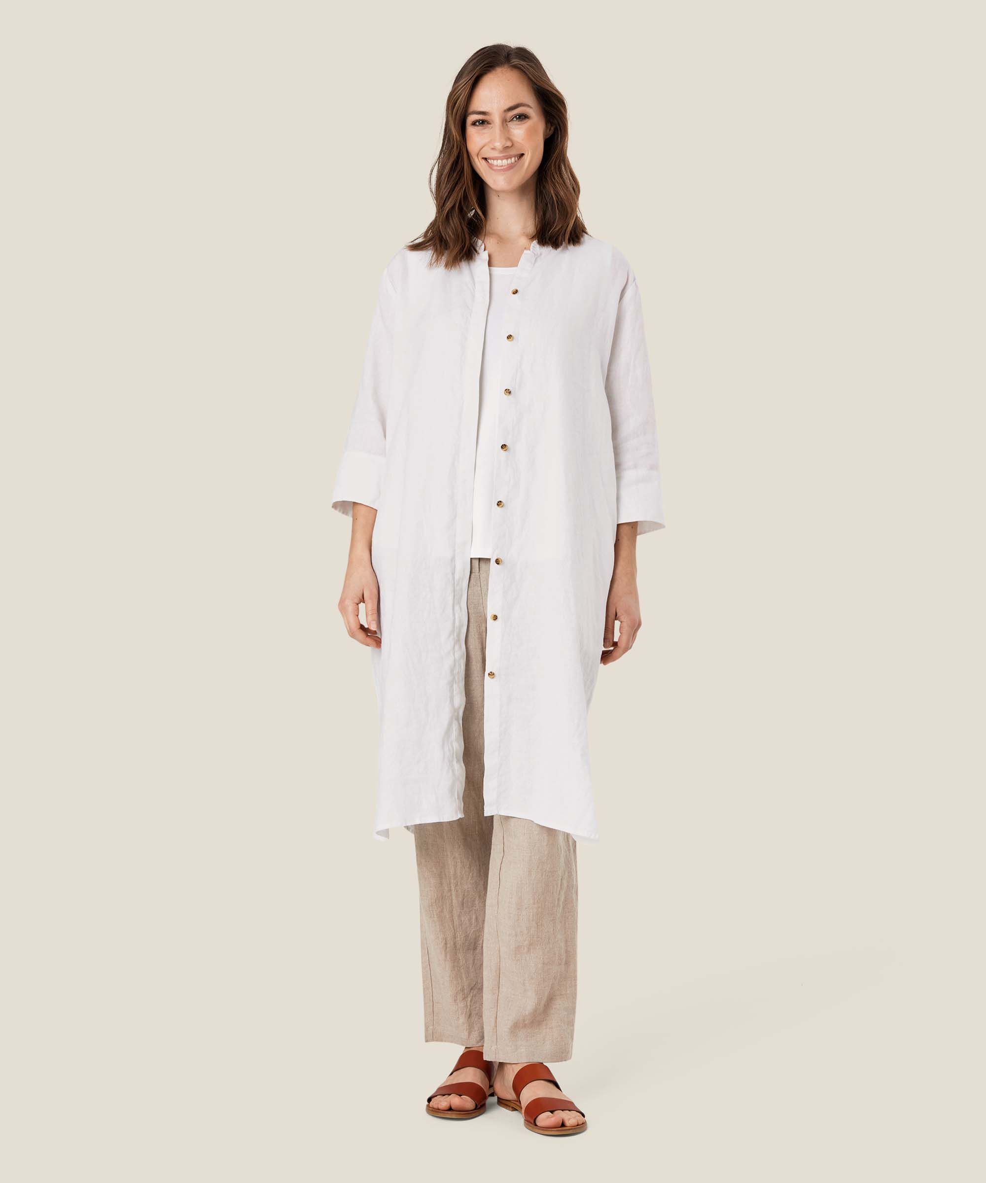 Hemdkleid aus Leinen mit Dreiviertelärmeln, White