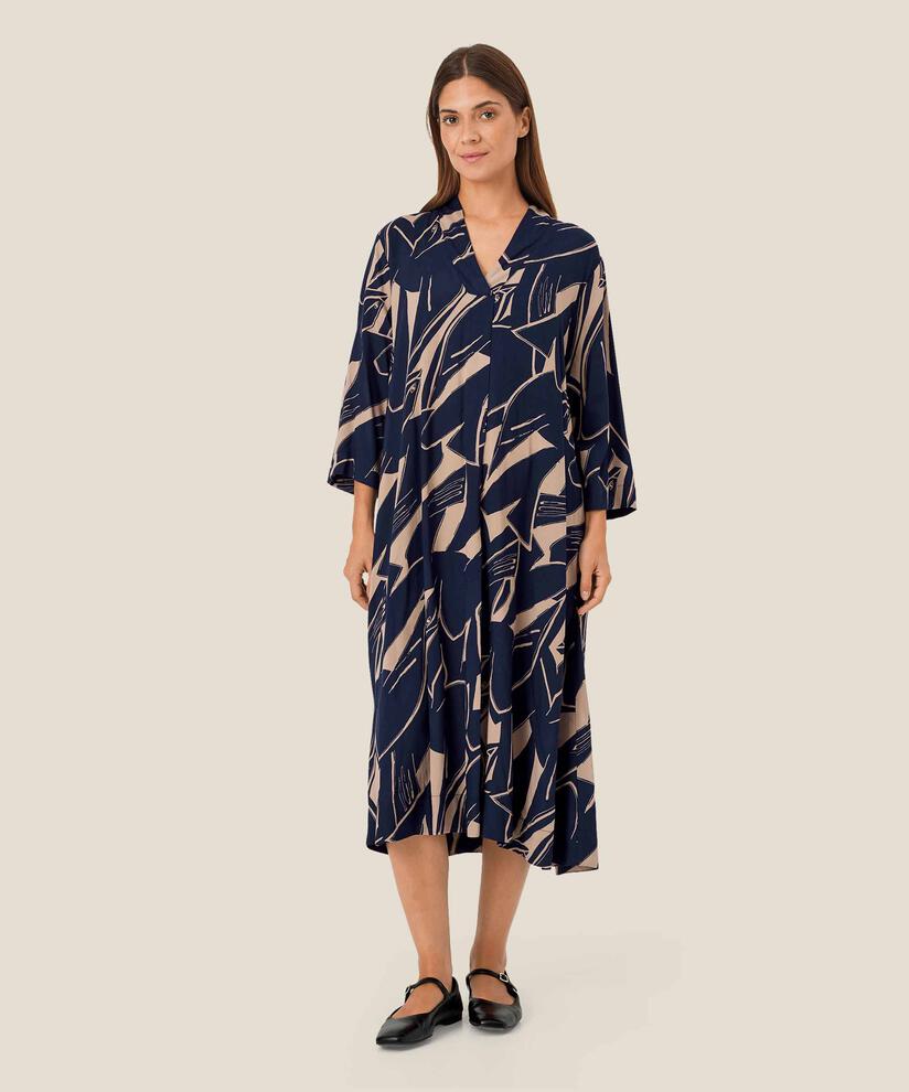 Viskosekleid mit V-Ausschnitt und 3/4-Ärmeln, Navy Blazer