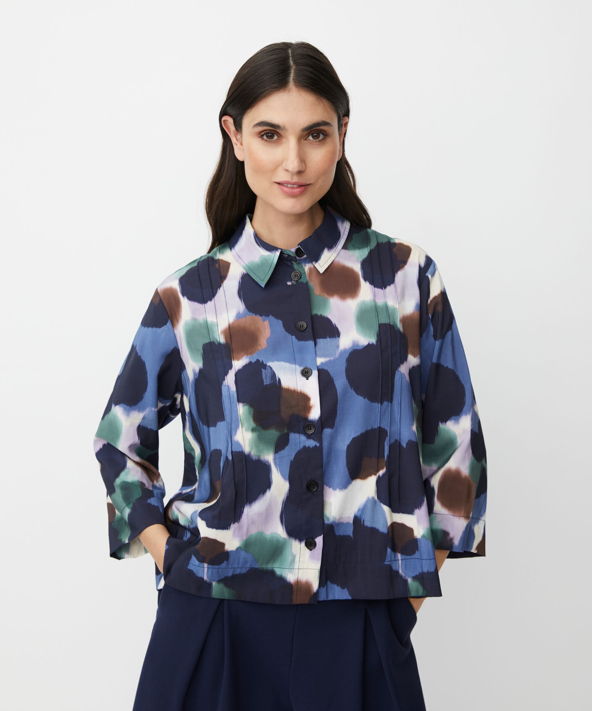 Viskose-Hemd mit 3/4-Arm und Ziernähten, Navy Blazer