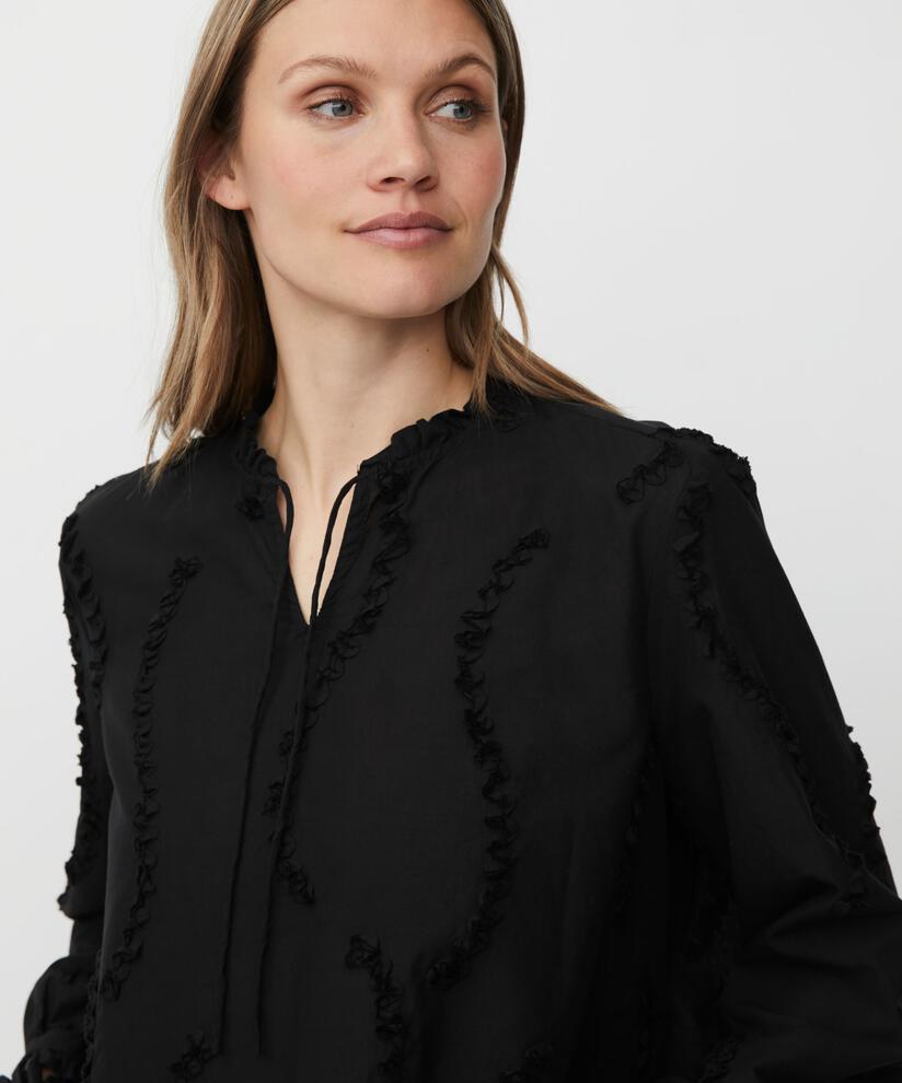 Baumwollbluse mit Applikationen und Bindebändern, Black
