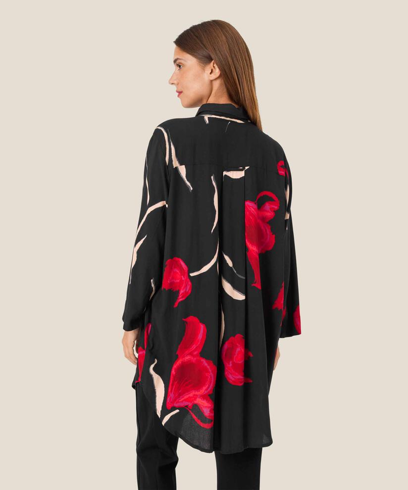 Bedruckte Viskose-Tunika mit Knöpfen am Hals, Haute Red