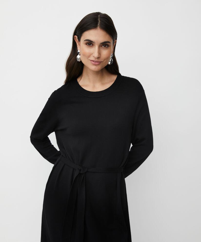 Feinstrickkleid mit langen Ärmeln und Bindegürtel, Black