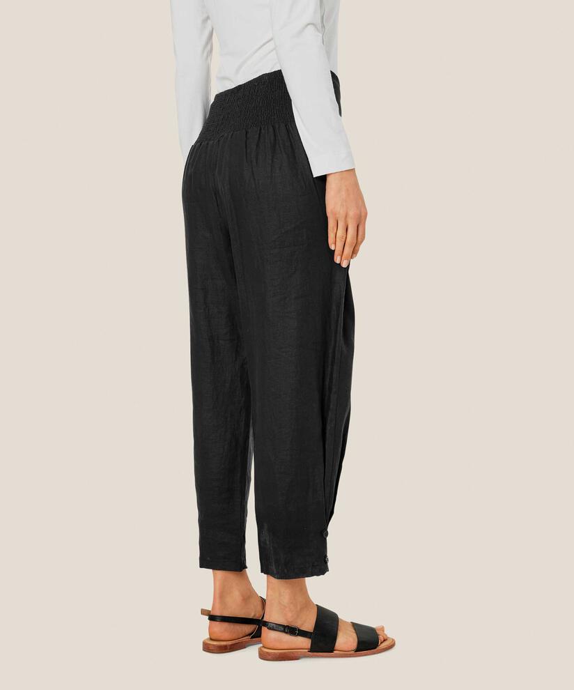 Leinenhose mit breitem, gesmoktem Gummizug hinten und Knopfdetail, Black
