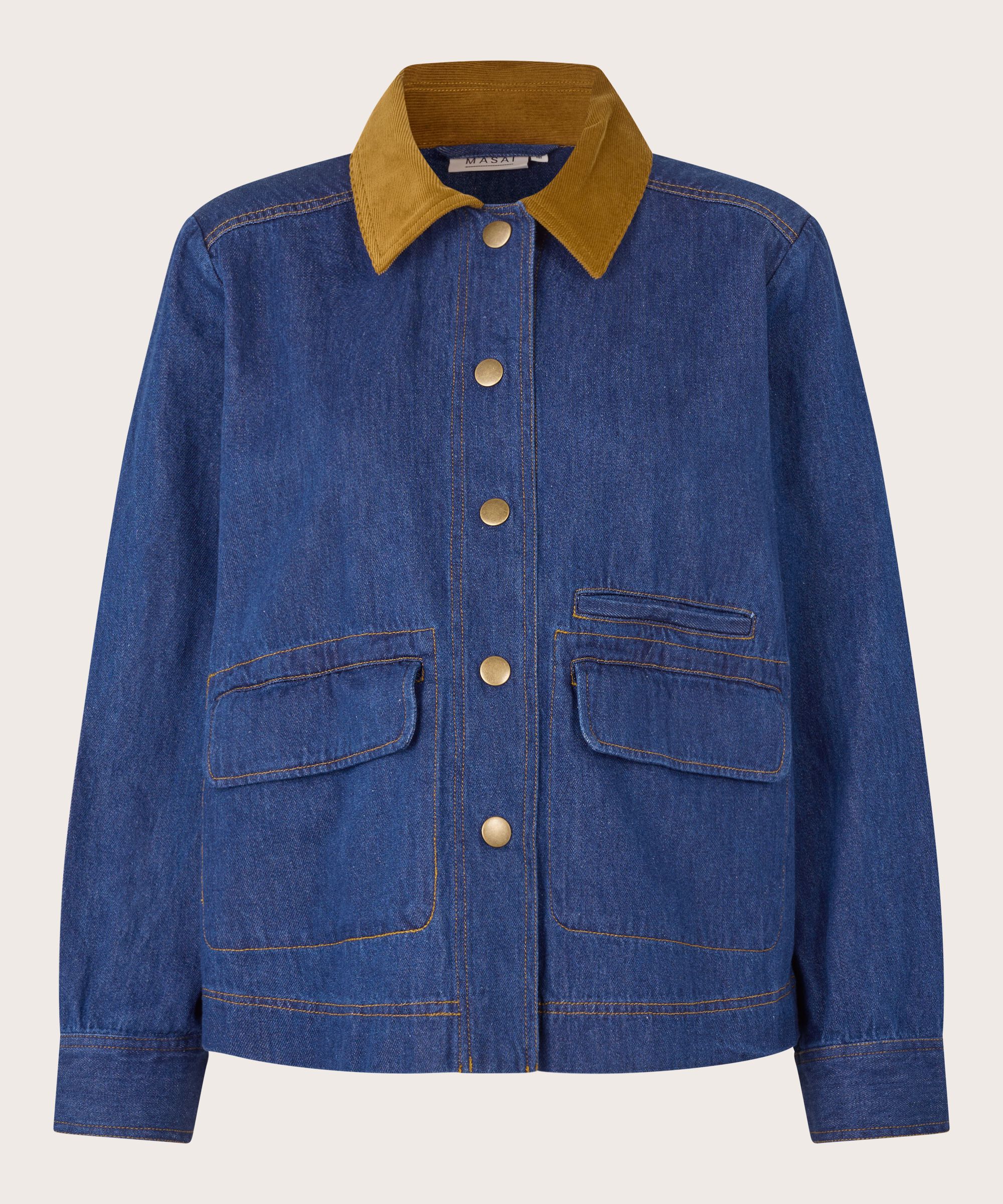 Jeansjacke mit Samtkragen und Fronttaschen, Dark Denim