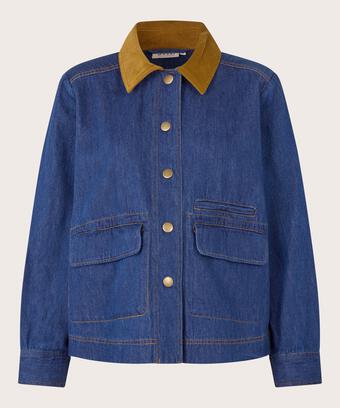 Jeansjacke mit Samtkragen und Fronttaschen, Dark Denim