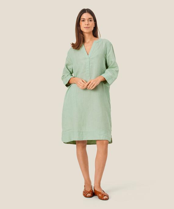 Leinenkleid mit V-Ausschnitt und Eingrifftaschen, Frosty Green