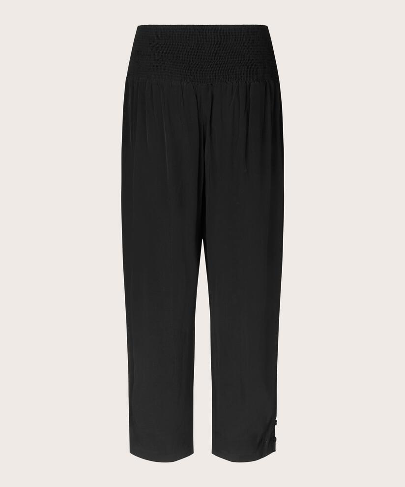 Viskosehose Mit Breitem, Gesmoktem Gummizug Hinten Und Knopfdetail, Black